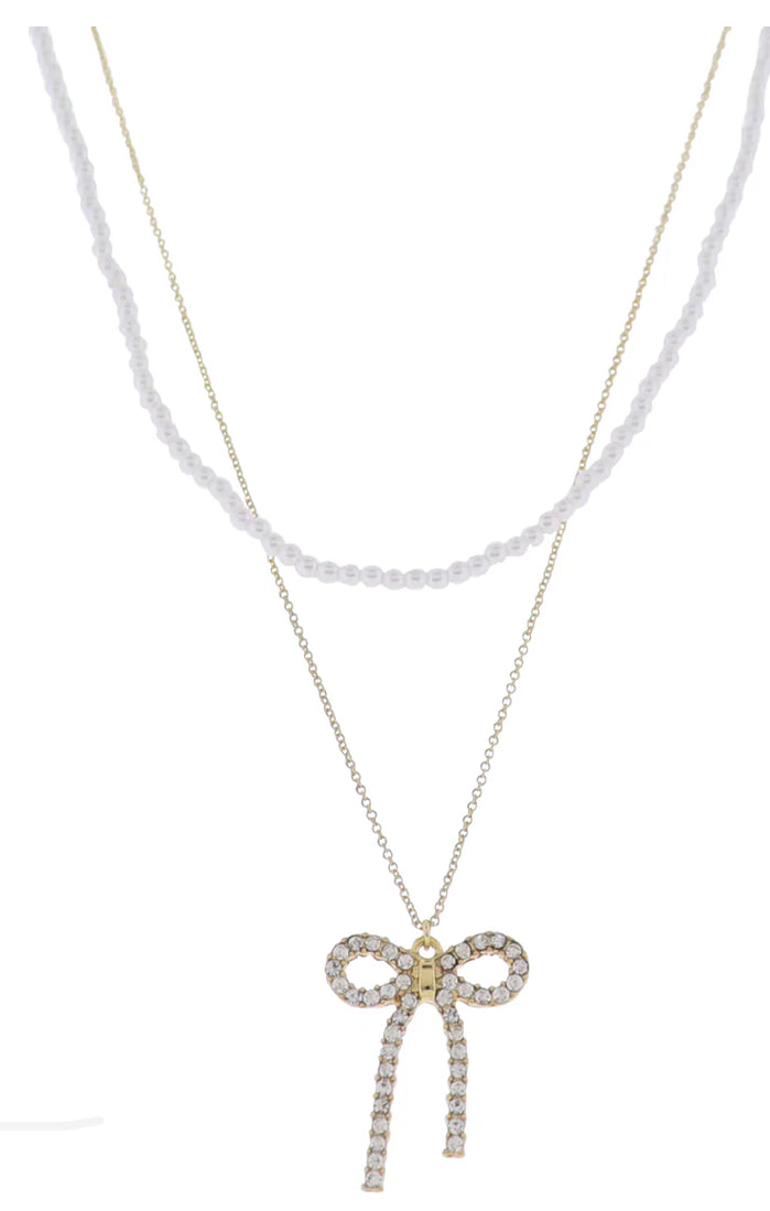 Jane Marie 18k Gold Plated 2 Layer Pearl & O-Shaped Chain Necklace With Clear Crystal Bow