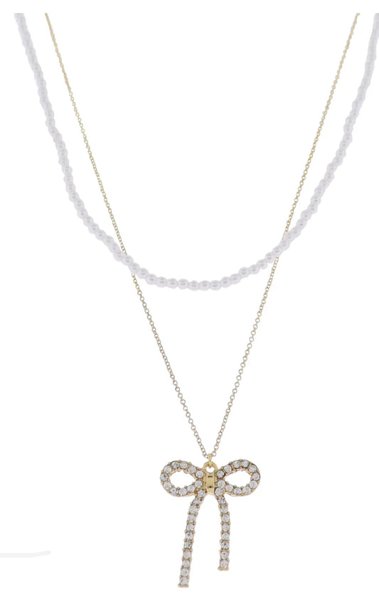 Jane Marie 18k Gold Plated 2 Layer Pearl & O-Shaped Chain Necklace With Clear Crystal Bow