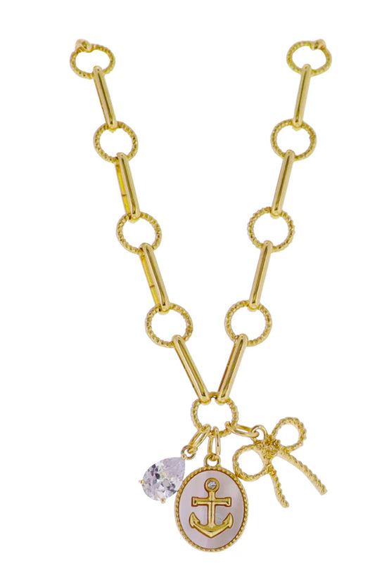Jane Marie 18k Gold Plated Round Disk Oval Link Chain Necklace with Bow, Anchor, Crystal Teardrop