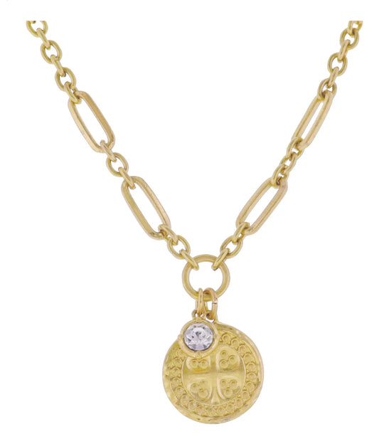 Jane Marie Gold Mixed Cable Paperclip Chain NEcklace with Gold Coin with Cross crystal Charm