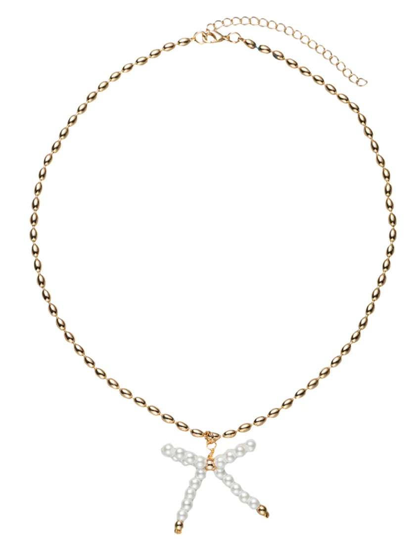 Jane Marie Gold Beaded Necklace with Pearl Beaded Bow