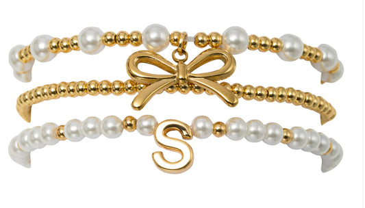 Jane Marie 18k Gold Plated Set 3 Gold, Pearl Beaded Stretch Bracelet with Gold Bow & Initial