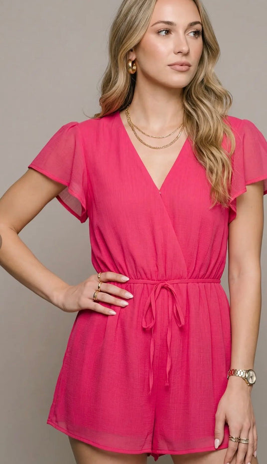 She + Sky SHORT RUFFLED SLEEVE WOVEN TEXTURED ROMPER