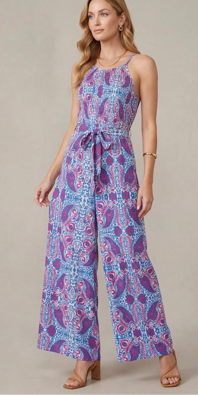She + Sky SMOCKED WOVEN PRINT TUBE JUMPSUIT WITH WAIST TIE