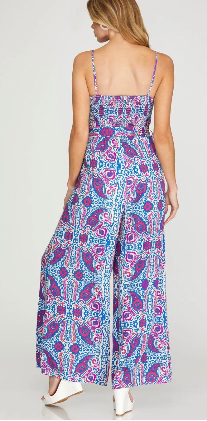 She + Sky SMOCKED WOVEN PRINT TUBE JUMPSUIT WITH WAIST TIE