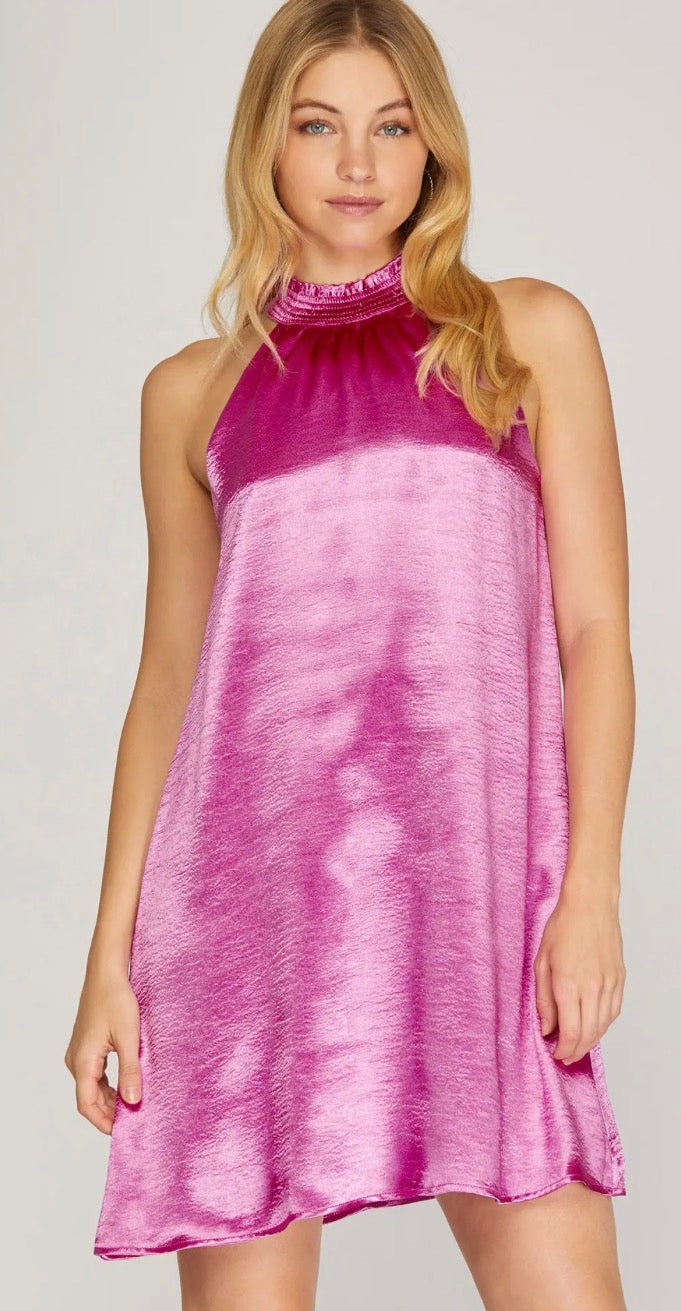 She + Sky SMOCKED MOCK NECK SATIN DRESS WITH LINING
