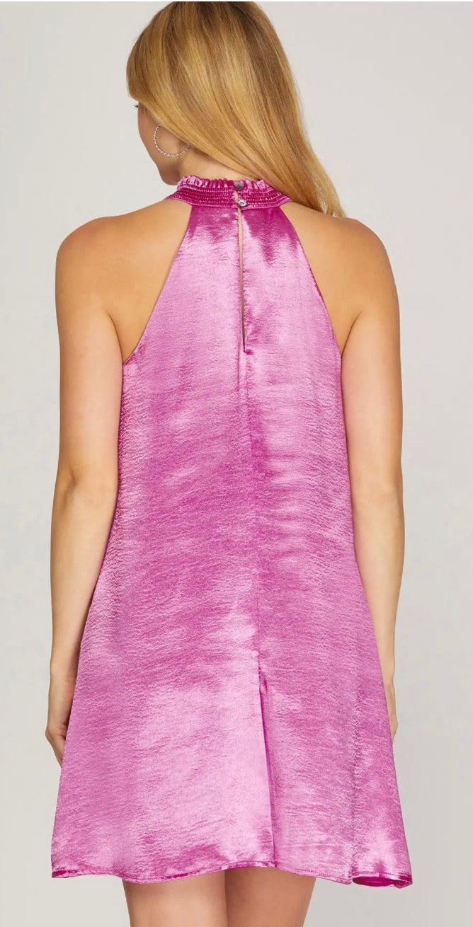 She + Sky SMOCKED MOCK NECK SATIN DRESS WITH LINING