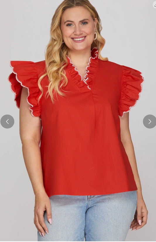 She and Sky PLUS - RUFFLE SLEEVE EMBROIDERED TOP