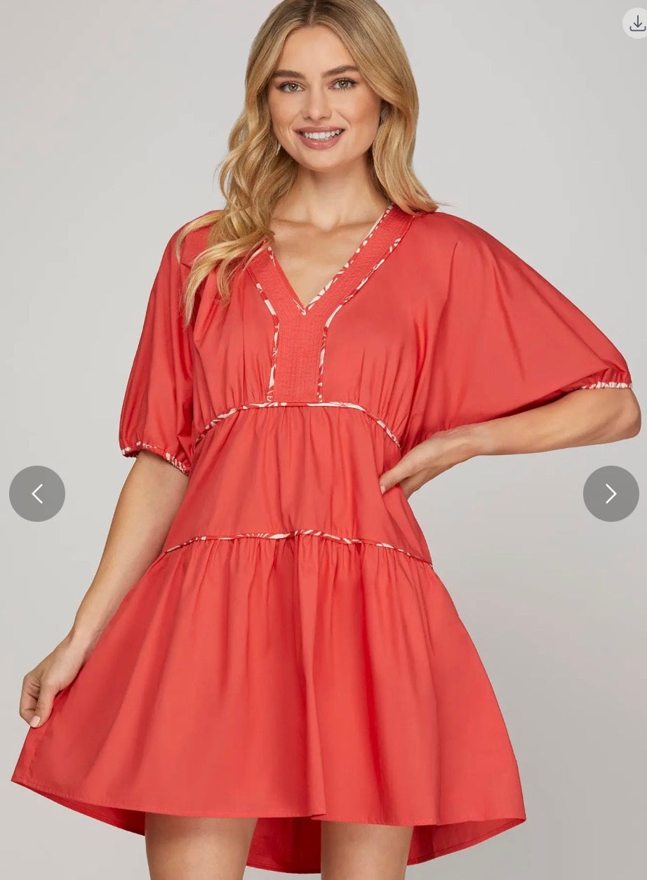 PUFF SLEEVE CONTRAST PIPING WOVEN DRESS WITH POCKETS