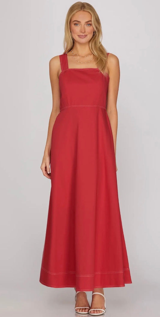 She and Sky SLEEVELESS WOVEN MAXI DRESS WITH CONTRAST STITCHING DETAIL, SKIRT LINING, AND POCKETS