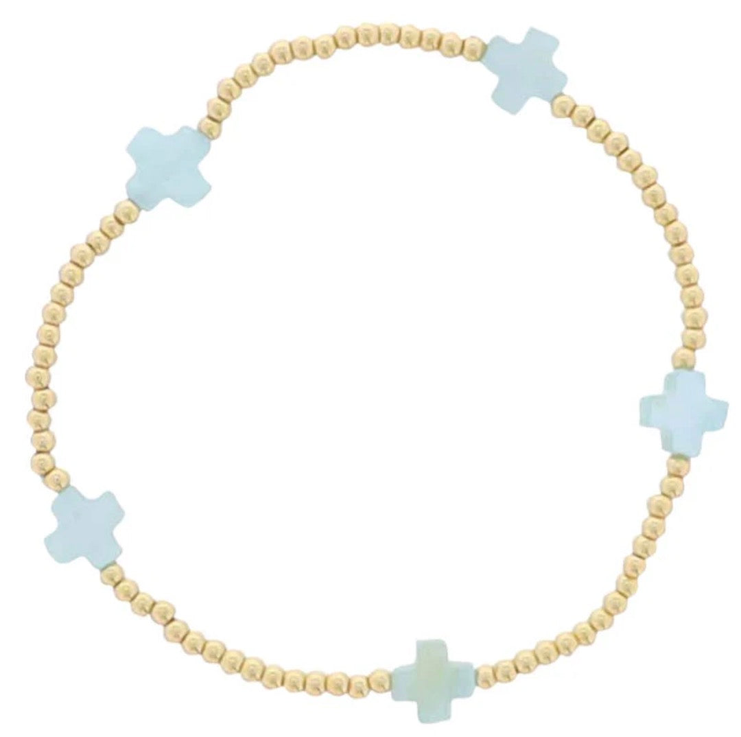 Jane Marie 18K GOLD PLATED GOLD BEADED STRETCH BRACELET WITH BLUE SQUARE CROSS