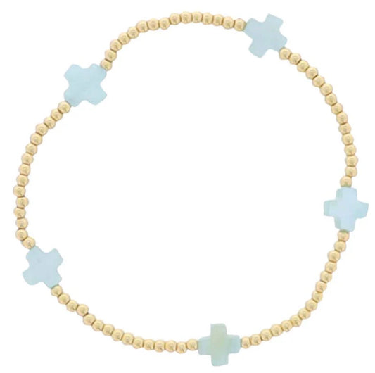 Jane Marie 18K GOLD PLATED GOLD BEADED STRETCH BRACELET WITH BLUE SQUARE CROSS