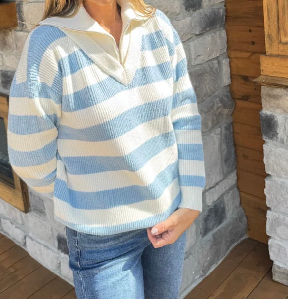 She +Sky Half Zip Mock Neck Long Sleeve Striped Sweater Light Blue