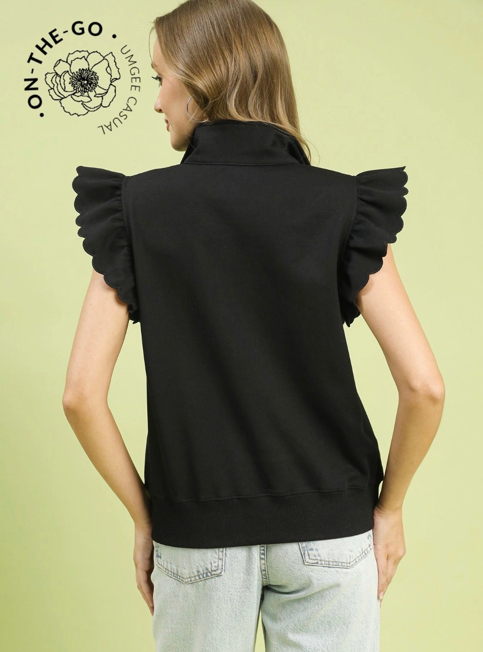LUXECOTTON Ruffled Zip-Up Sweatshirt BLACK