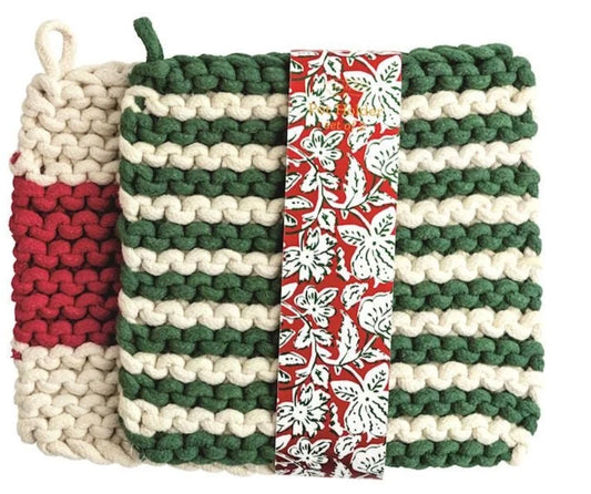 Mud Pie Green Stripe Set Pot Holder