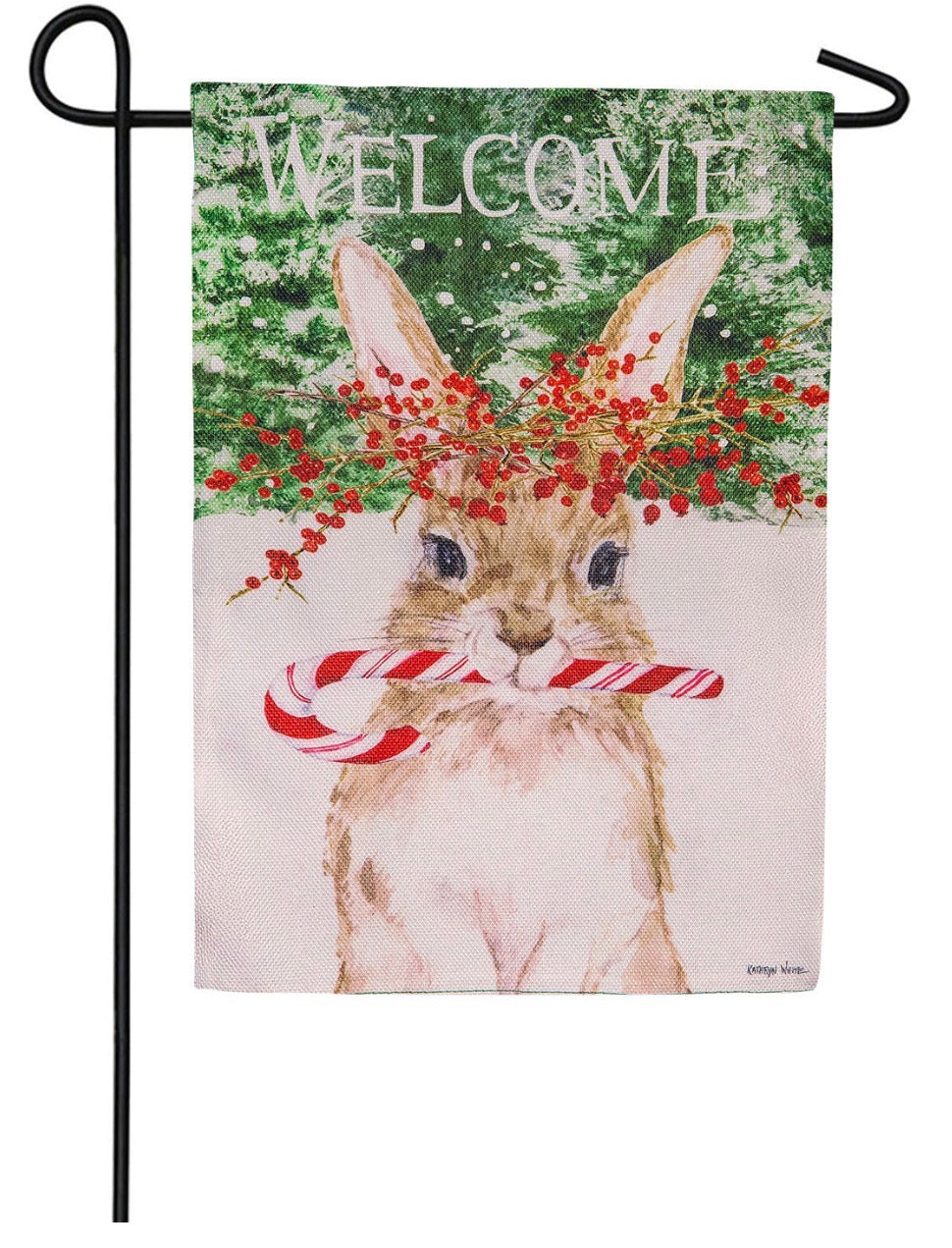 Evergreen Candy Cane Rabbit Burlap Garden Flag