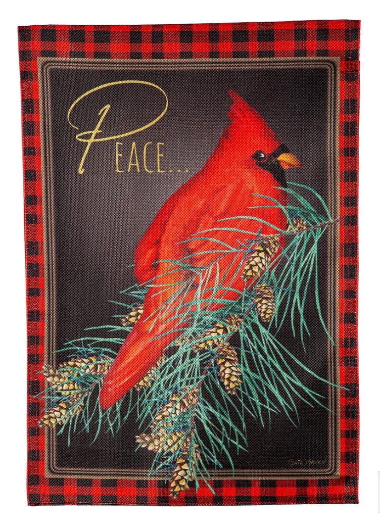 Evergreen Cardinal Peace Burlap Garden Flag
