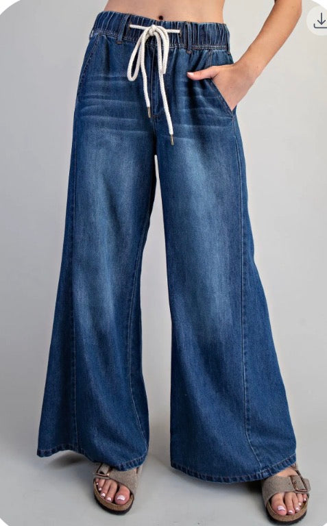 Ee:some Wide Leg Elastic Waist Pants Denim