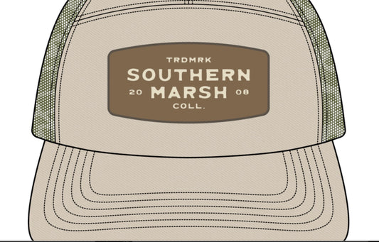 Southern Marsh Uvalde County 7 Panel Trucker Retro Camo Audubon Tan