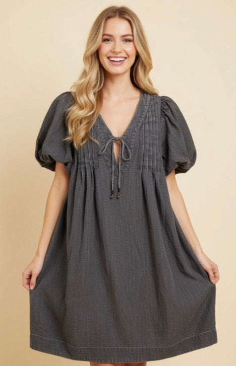 Heimish Pintuck Puff Sleeve Tie-neck Mini Dress Charcoal HD50072 SH