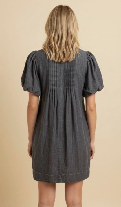Heimish Pintuck Puff Sleeve Tie-neck Mini Dress Charcoal HD50072 SH