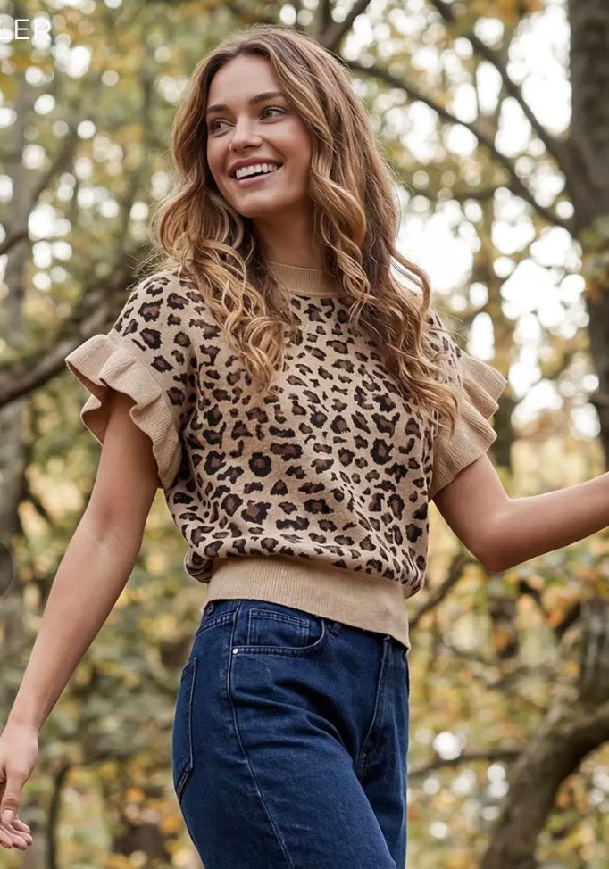 She + Sky Ruffle Sleeve Leopard Patterned Sweater Top