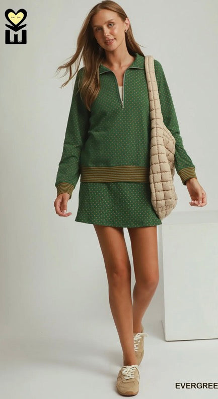 DOTS & STRIPES Half Zip Pullover with Matching Skort  MOHMe by Umgee Evergreen/ Gold