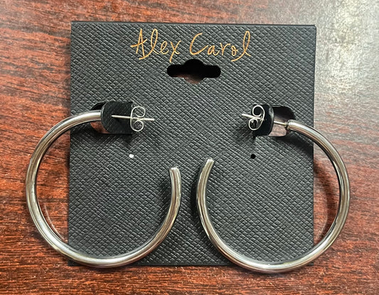 Alex Carol 40mm Small open 3mm hollow hoop silver color water resistant