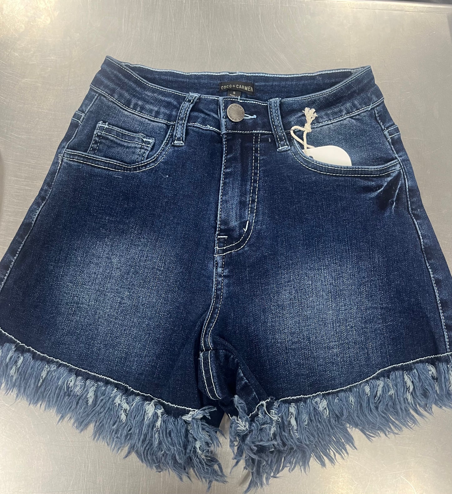 Coco + Carmen EverStretch Shorts With Cut Fringe - Dark Denim