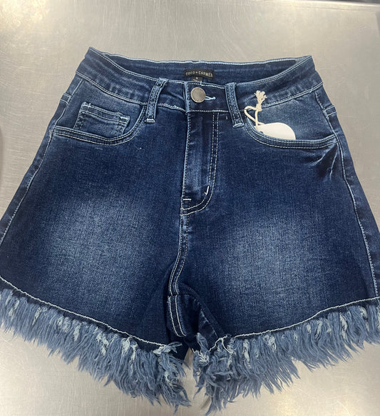 Coco + Carmen EverStretch Shorts With Cut Fringe - Dark Denim