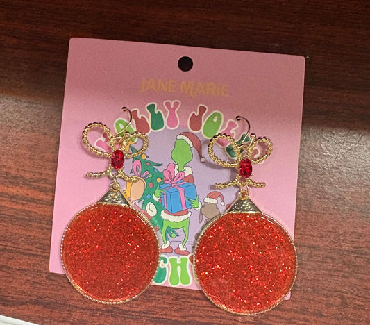 Jane Marie Red, Gold Glitter Resin Christmas Ornament with Red Crystal In Gold Bow Earrings