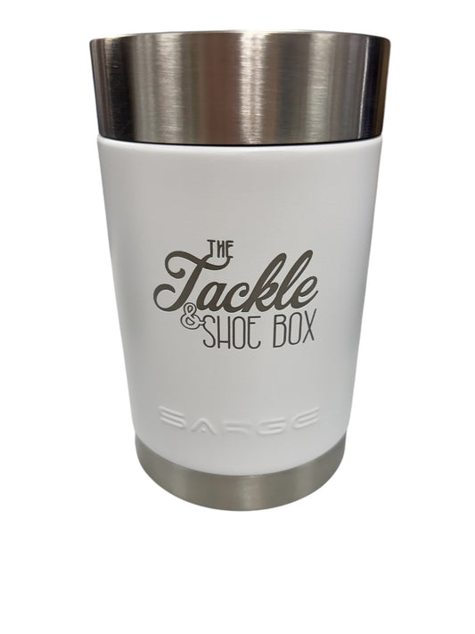 Sarge 12oz Can Cooler White With The Tackle & Shoe Box