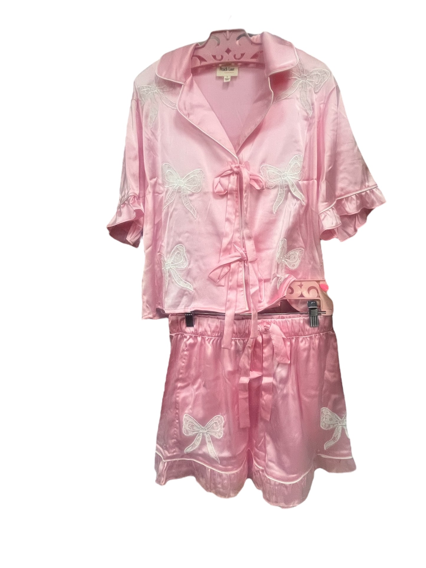 Peach Love Lace laser Cut Embo Satin Pj Set pink