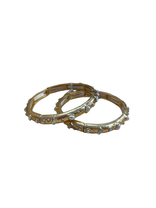 Jane Marie Gold Pearl Crystal Artisan Stretch Bangle Bracelet