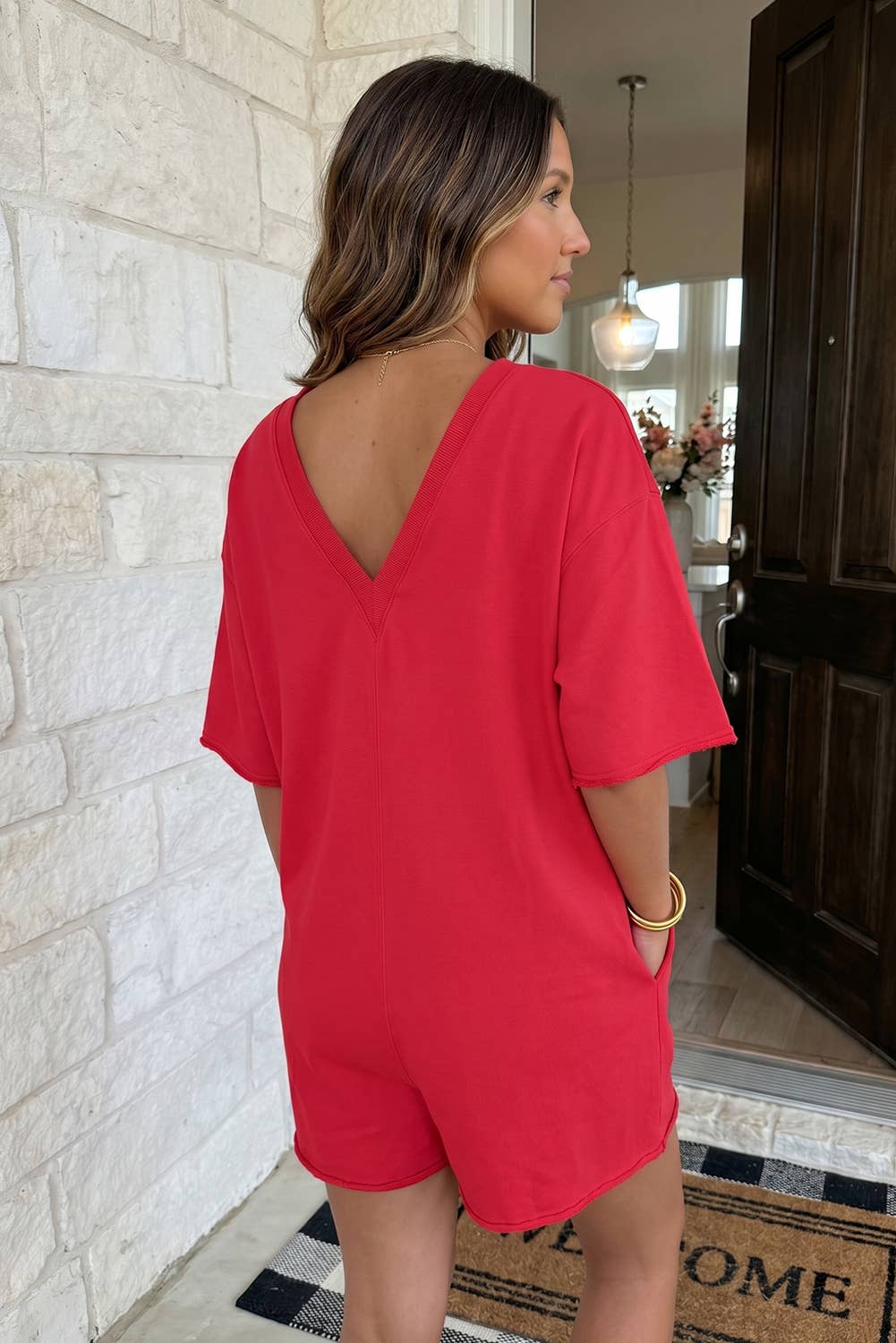 LAS Solid Color Raw Edge Pocketed Loose Romper (S-XL)