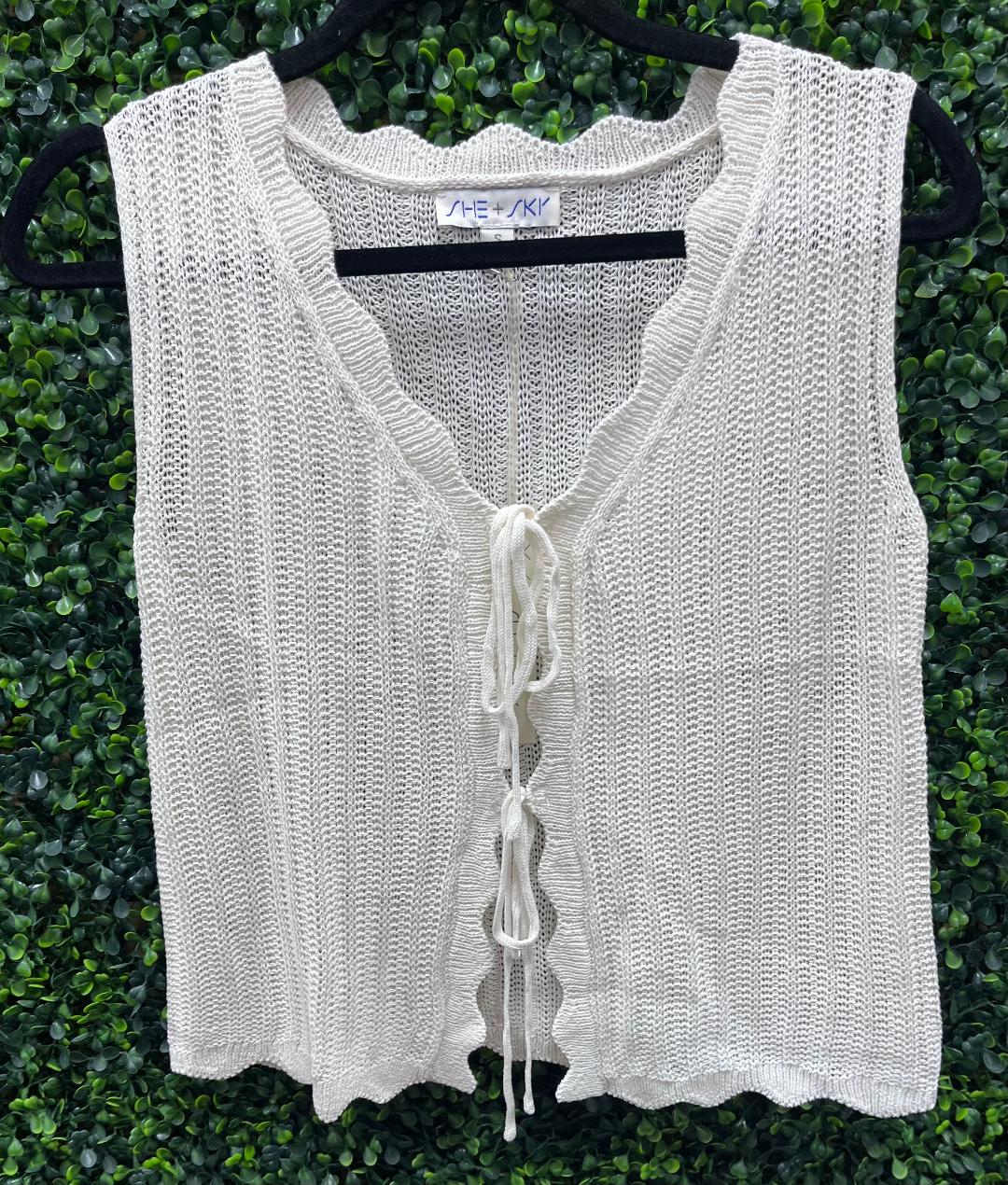 She+Sky Sleeveless Scallop Front Tie Sweater Vest- Cream