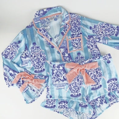 8 Oak Lane Satin Ruffle Short Pajama Set - Ginger Jar Stripe